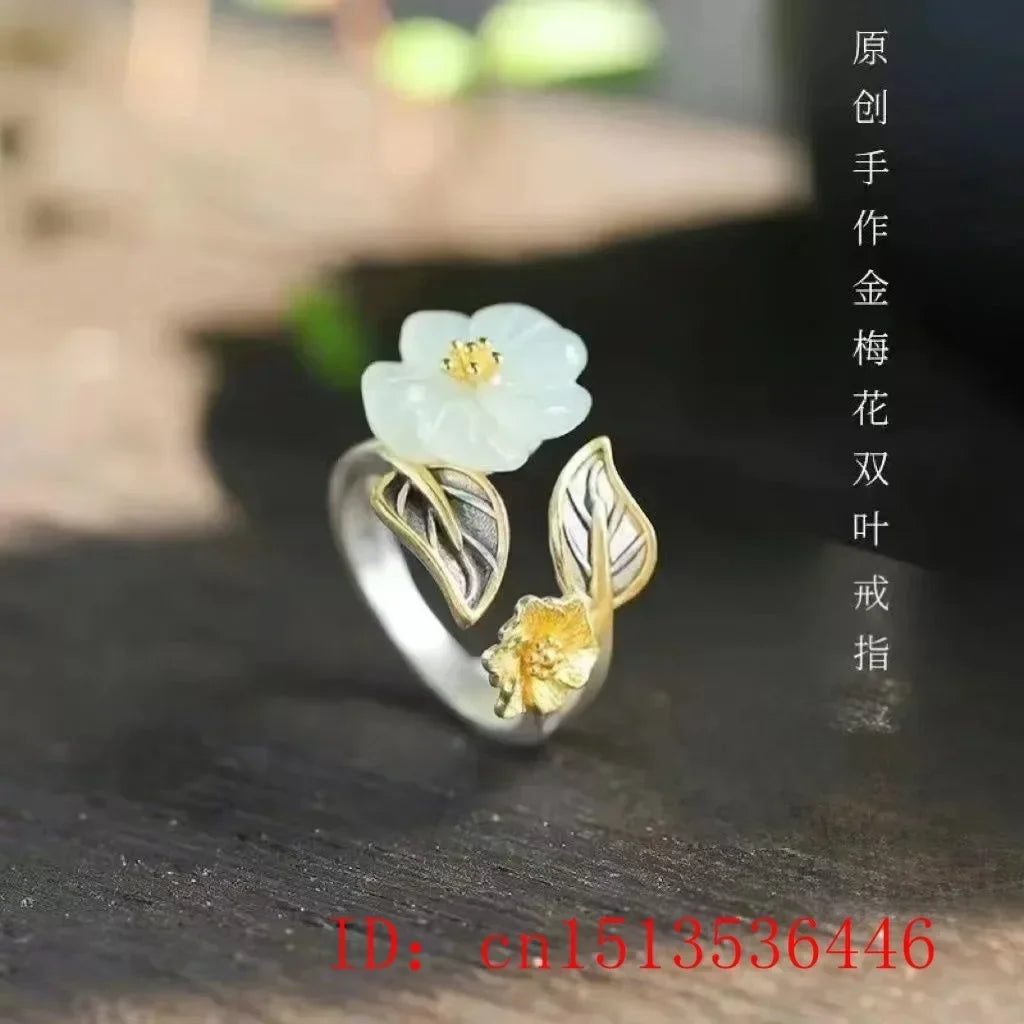 925 Silver White Hetian Jade Flower Adjustable Ring Jewelry Zircon Charm Gifts Crystal Amulet Men Women Chalcedony Fashion