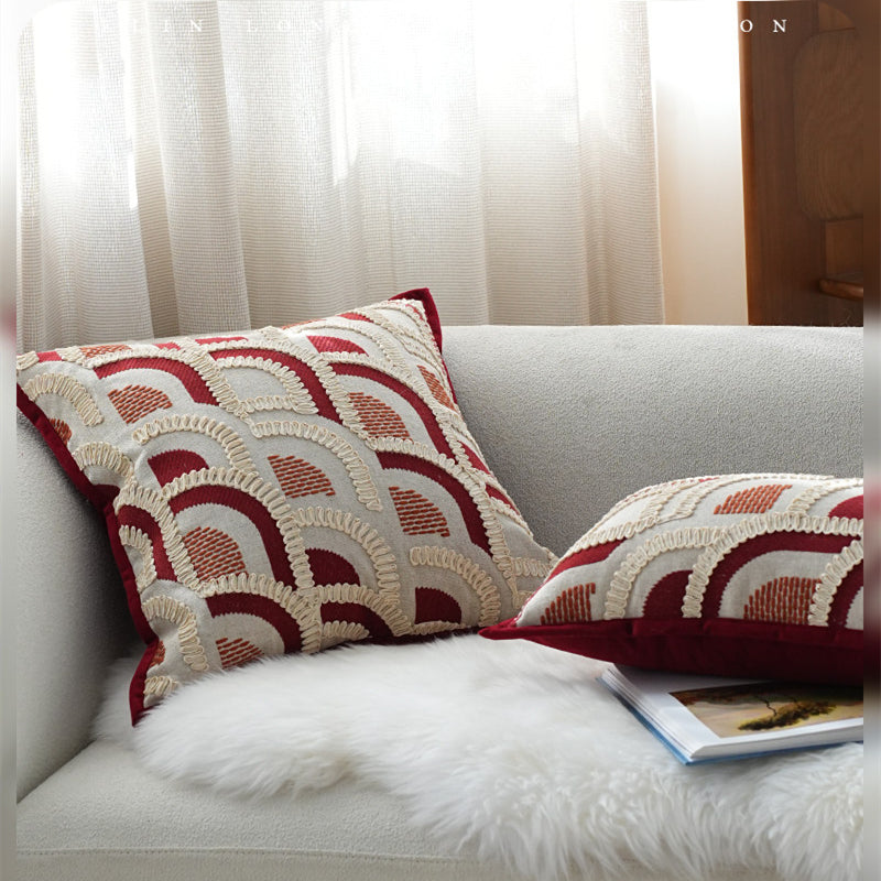Mid-Century Wabi-Sabi Embroidered Red Jacquard Throw Pillow For The Home