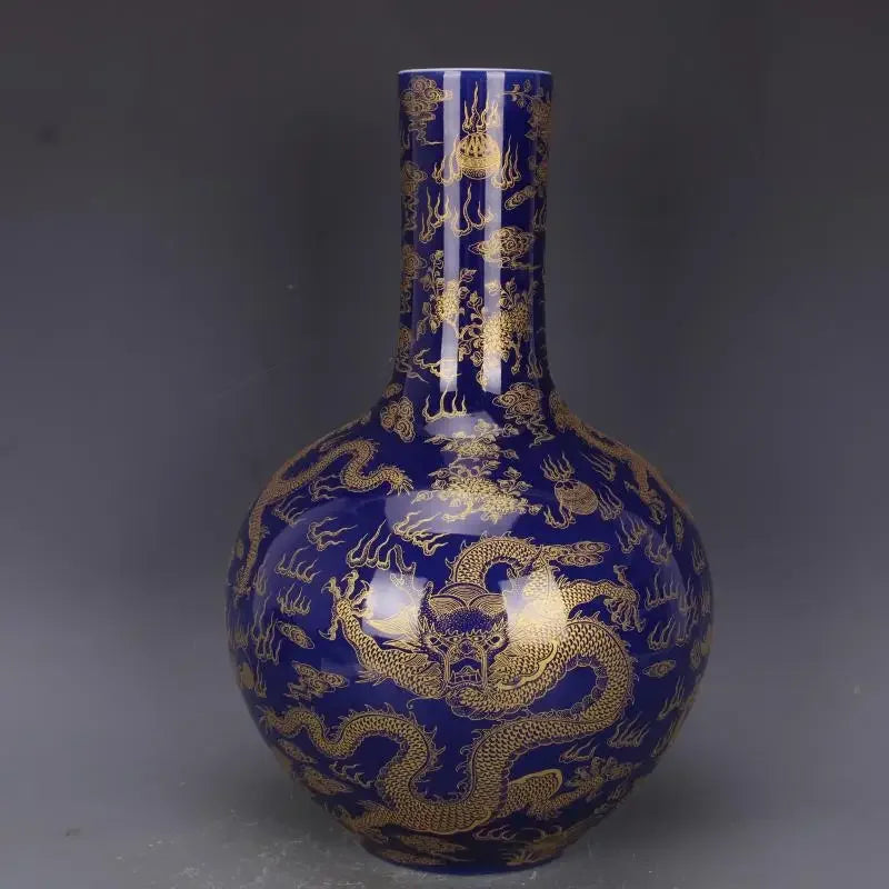 Qing Kangxi Blue-Ground Celestial Globe Vase – Gold-Gilt Flower, Cloud & Dragon Motif | Jingdezhen Porcelain