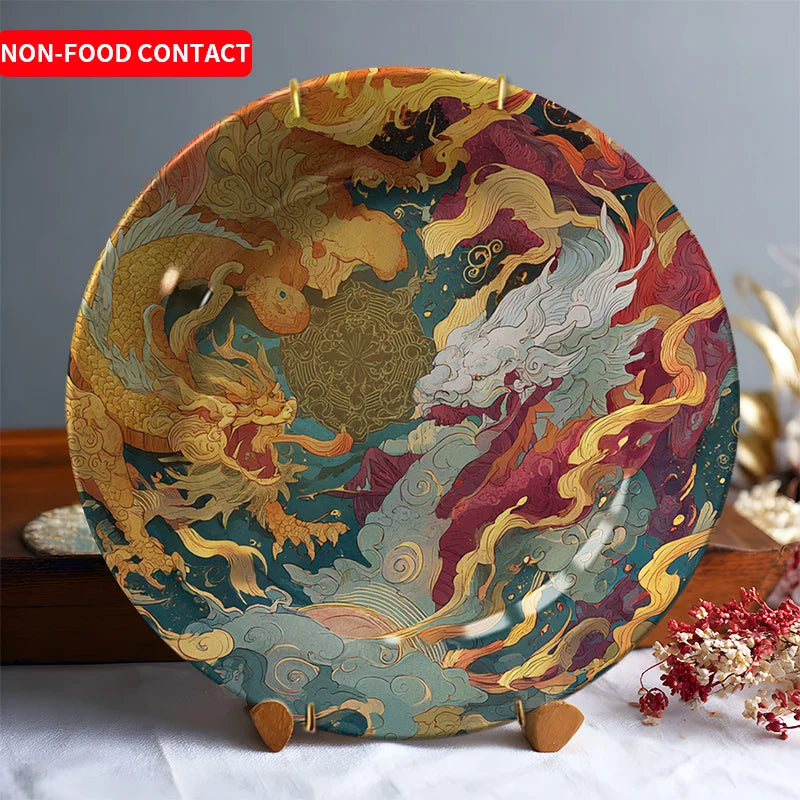 2D Flat - A 2D Decorative Plate Featuring a Chinese Dragon - Hand-Painted Asian Home Decor with a Golden Dragon Design