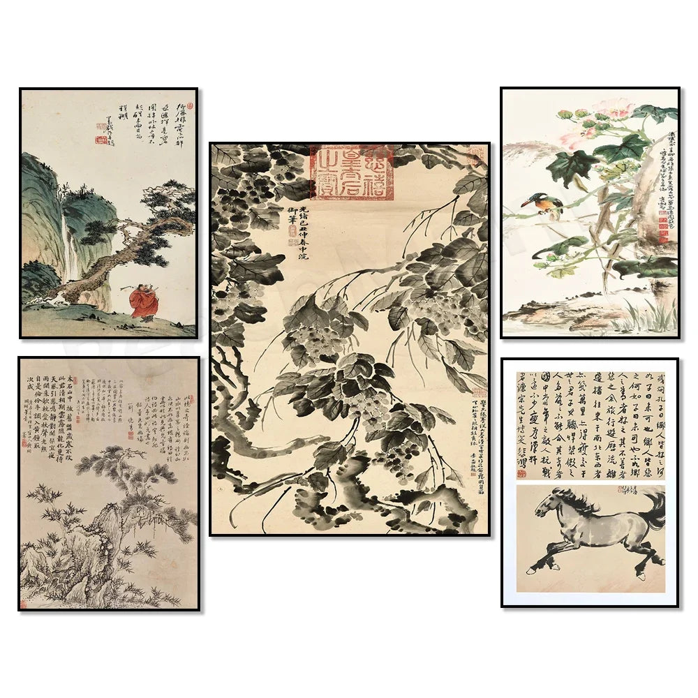 Vintage Chinese Painting Framed Poster – Minimalist Wall Art