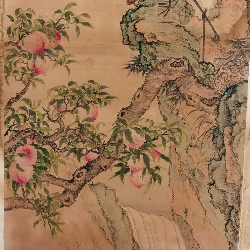 Vintage Chinese Scroll – Peach and Crane Rice Paper Painting