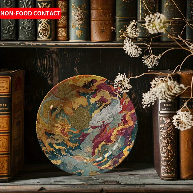 2D Flat - A 2D Decorative Plate Featuring a Chinese Dragon - Hand-Painted Asian Home Decor with a Golden Dragon Design