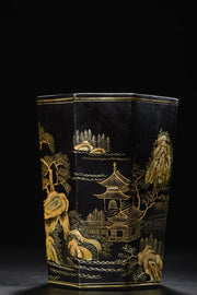 Nepalese Folk Lacquerware Pen Holder – Gold-Outlined Landscape Brush Pot (6")