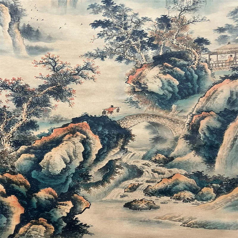 Tang Yin–Style Chinese Landscape Scroll – Ink & Color Hanging Painting