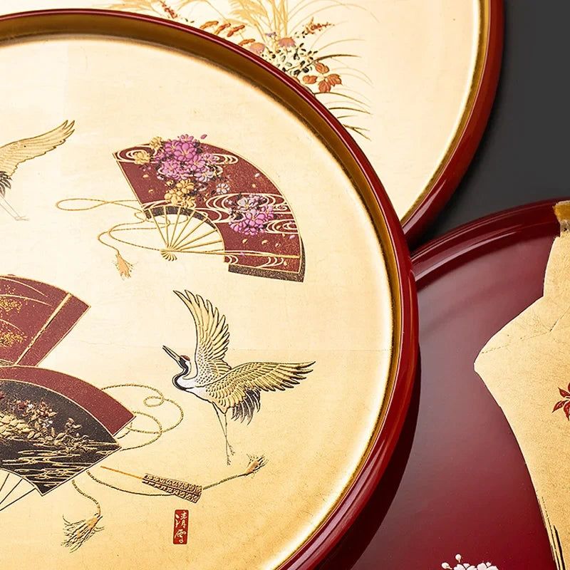 Handmade Gold Foil Round Tray Japanese Style Tea Plate Fruit Plate Mountain Lacquerware Craftsmanship Dining Utensils