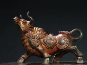 Tibetan Temple Bronze Zodiac Bull – Cinnabar & Mud-Gold Wealth Cattle (14")