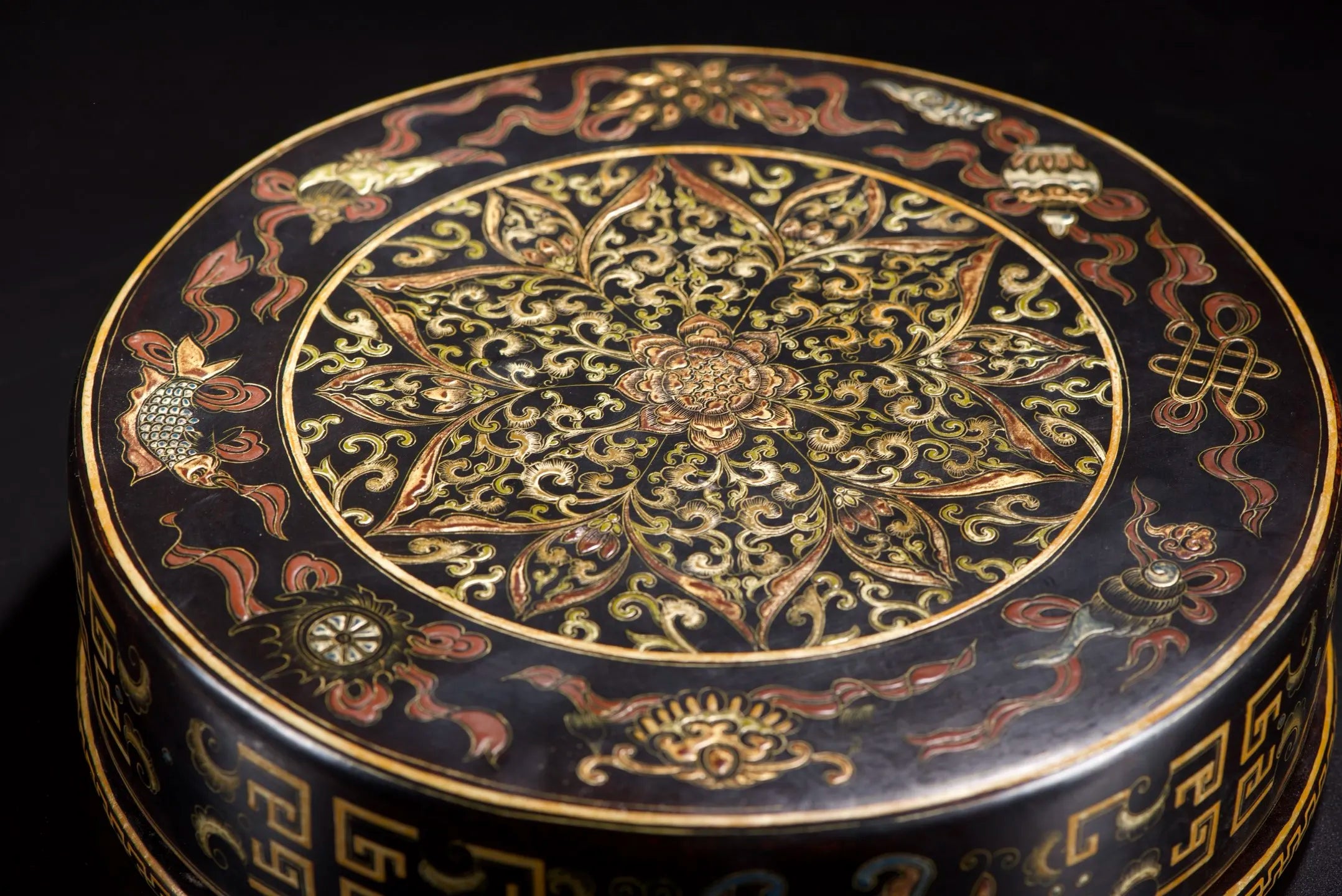 Old Wood Lacquerware Storage Box – Gold Floral & Bat Pattern (Study Wealth Ornament)