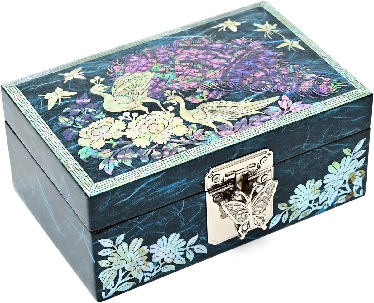 Mother of Pearl Jewelry Box with Peacock Design for Rings, Earrings, and Bracelets