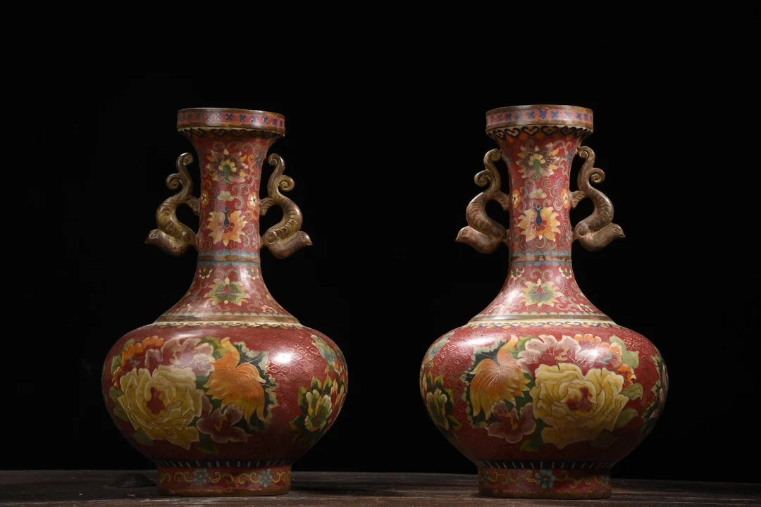 Tibetan Temple Purple-Bronze Cloisonné Vases – Dragon-Ear Flower Pair (14")