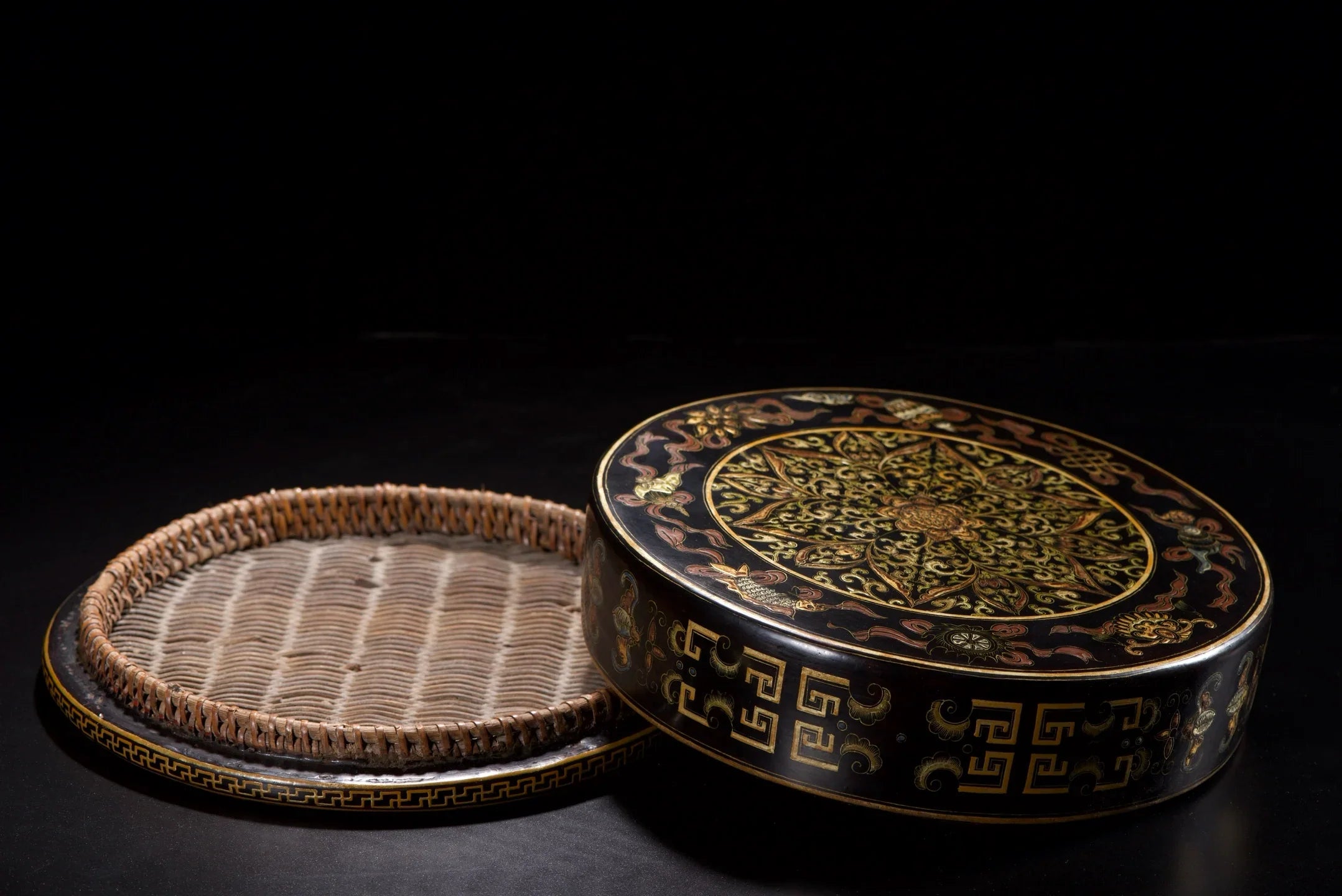 Old Wood Lacquerware Storage Box – Gold Floral & Bat Pattern (Study Wealth Ornament)