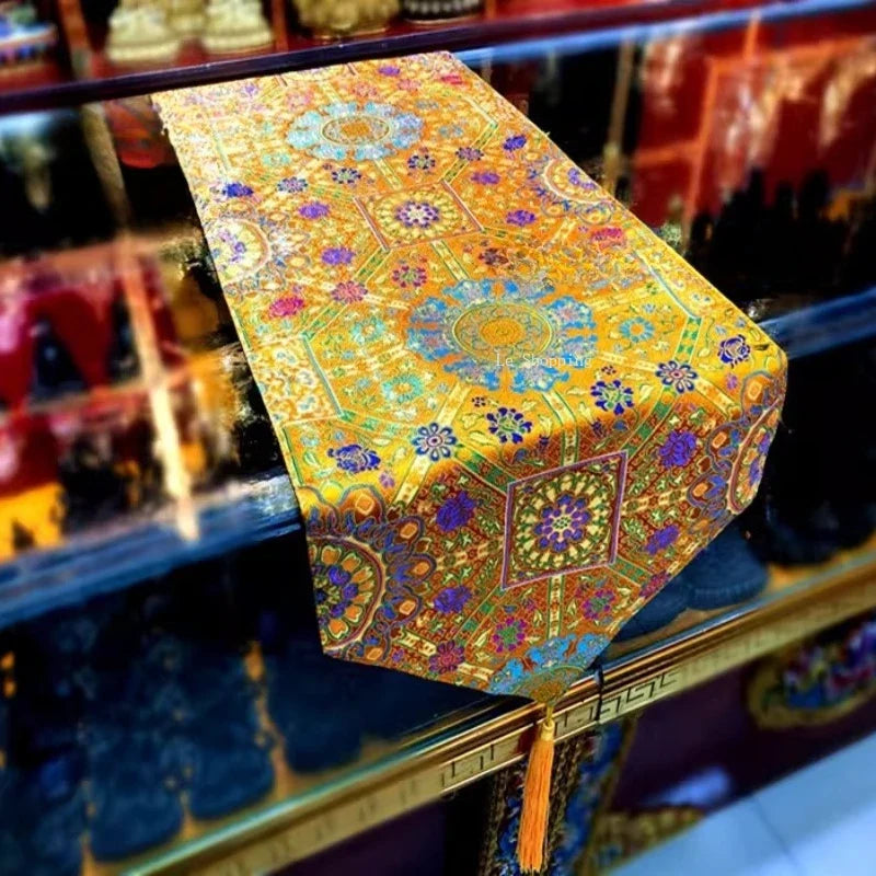 1.5m*35cm/2m*35cm Tibetan Style Satin Fabric Table Flag/Retro Rich Lotus PatternClassical Coffee Table Cloth Buddhist Decoration