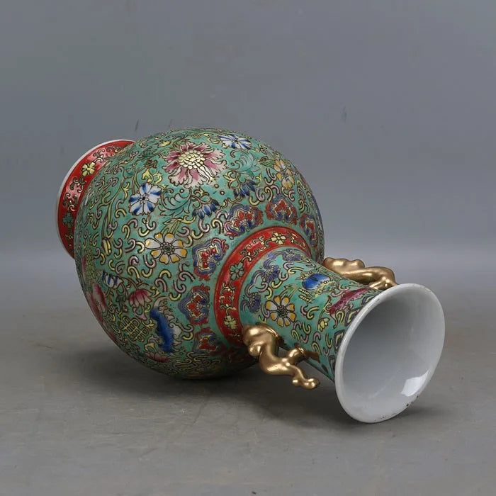 Qianlong‑Style Powder Enamel Vase – Hand‑Painted Flowers with Golden Handles