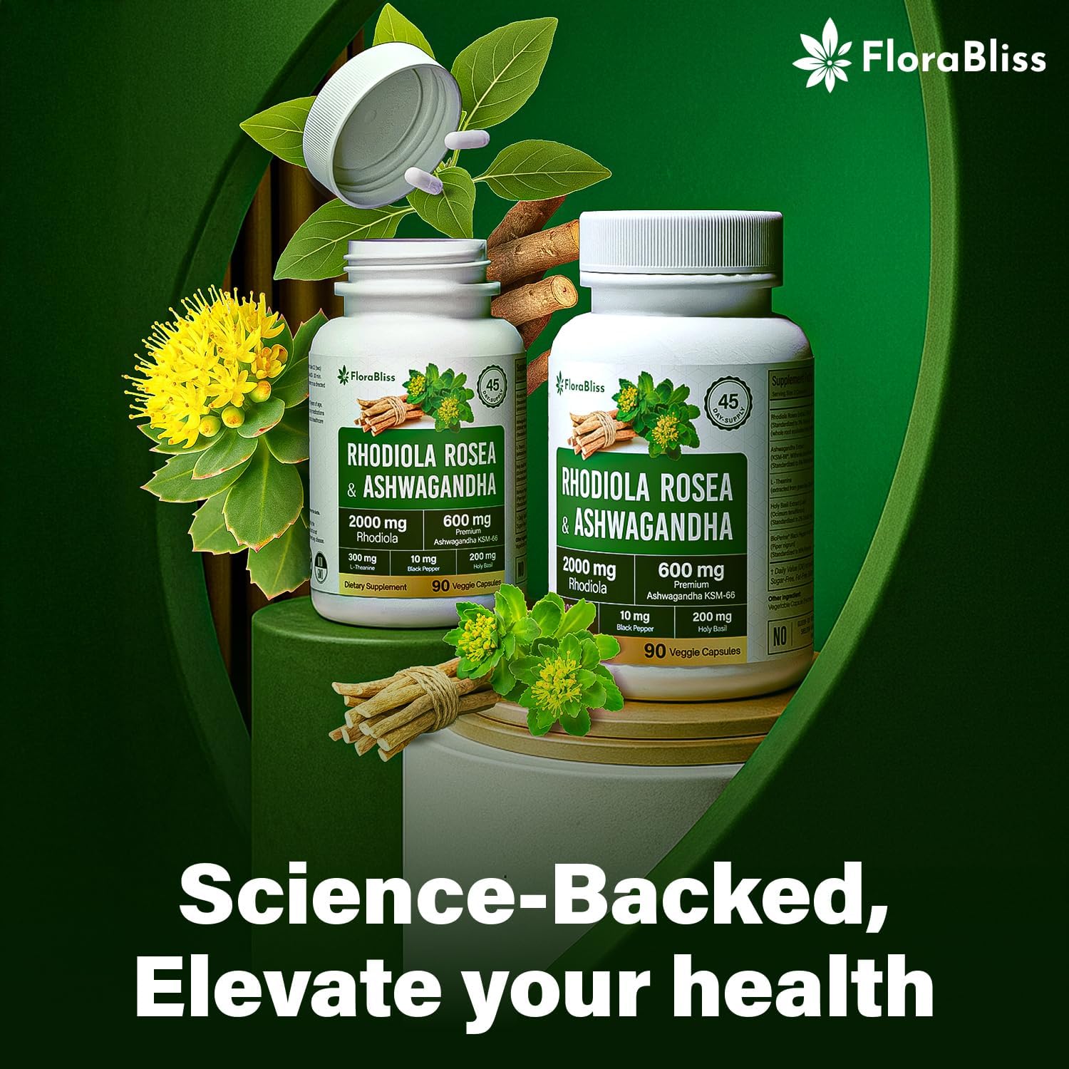 Rhodiola Rosea 2000mg with Ashwagandha KSM-66, L-Theanine, Holy Basil & BioPerine - High Potency Vegan Capsules