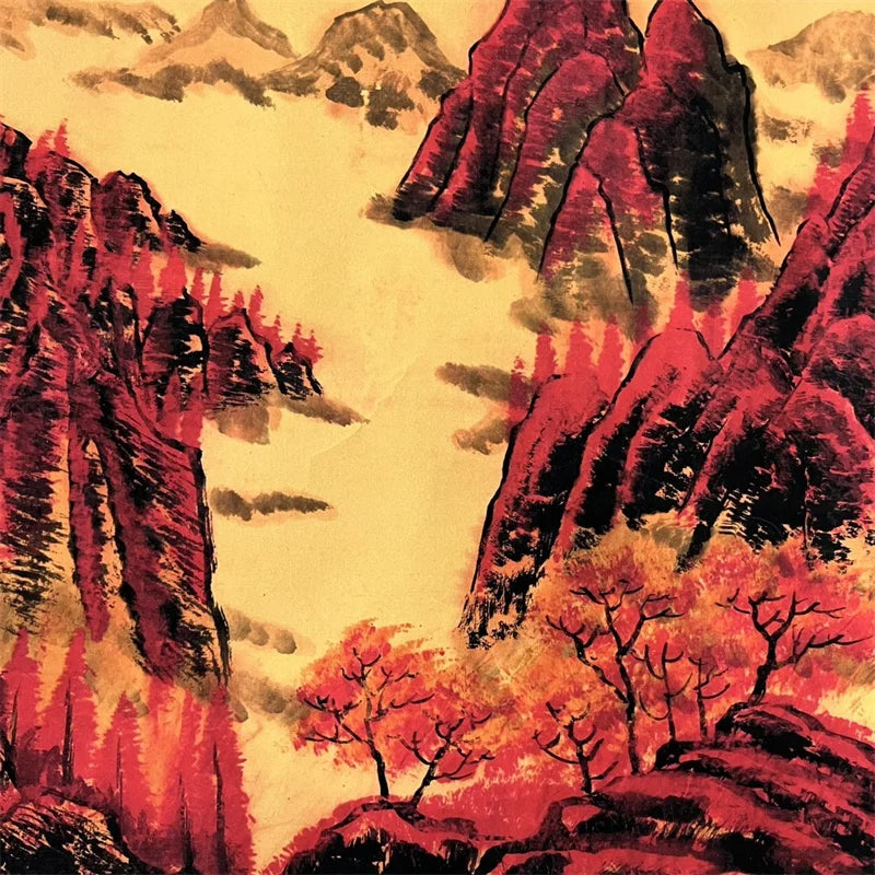 Chinese Red Mountains Long Scroll – Li Keran–Inspired Landscape on Old Scroll Paper