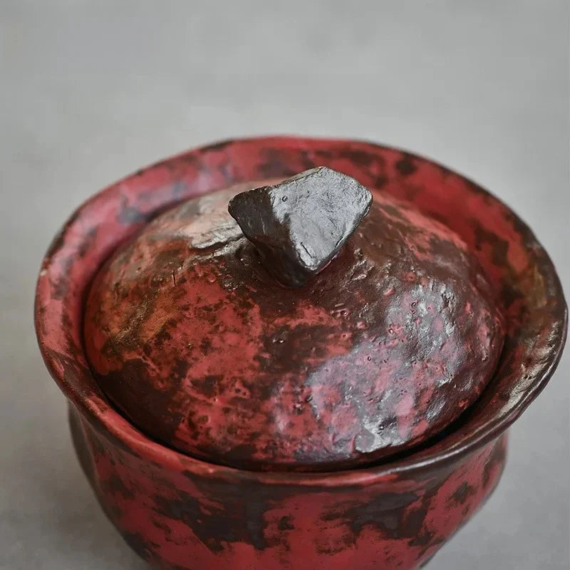 120ml Handmade Powder Yin Red Gaiwan – Japanese Coarse Pottery Tea Tureen