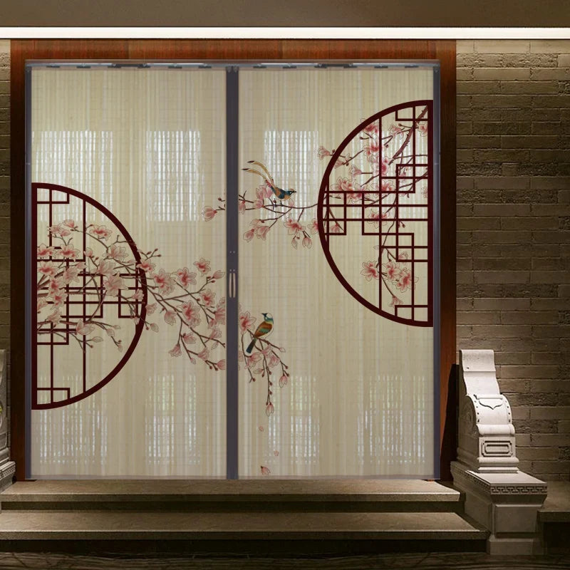 Printed Bamboo Sliding Door Partition Traditional Chinese Room Divider Foldable Screen