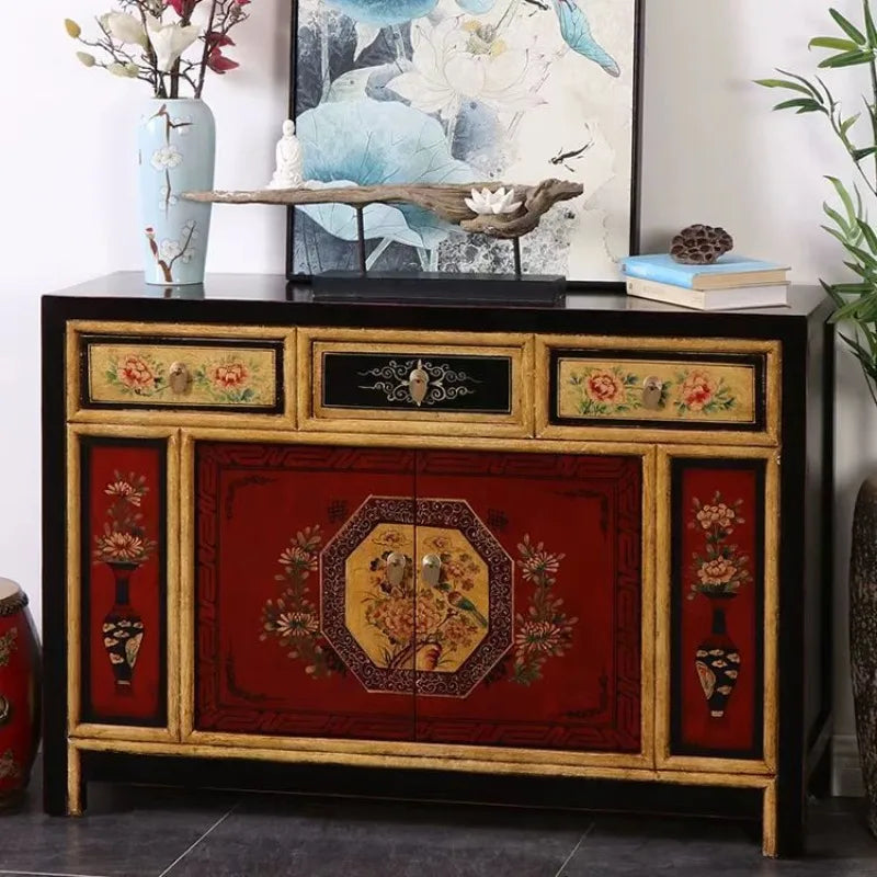 Hand-Painted Ming–Qing Style Entrance Cabinet – Solid Wood Two-Door Sideboard