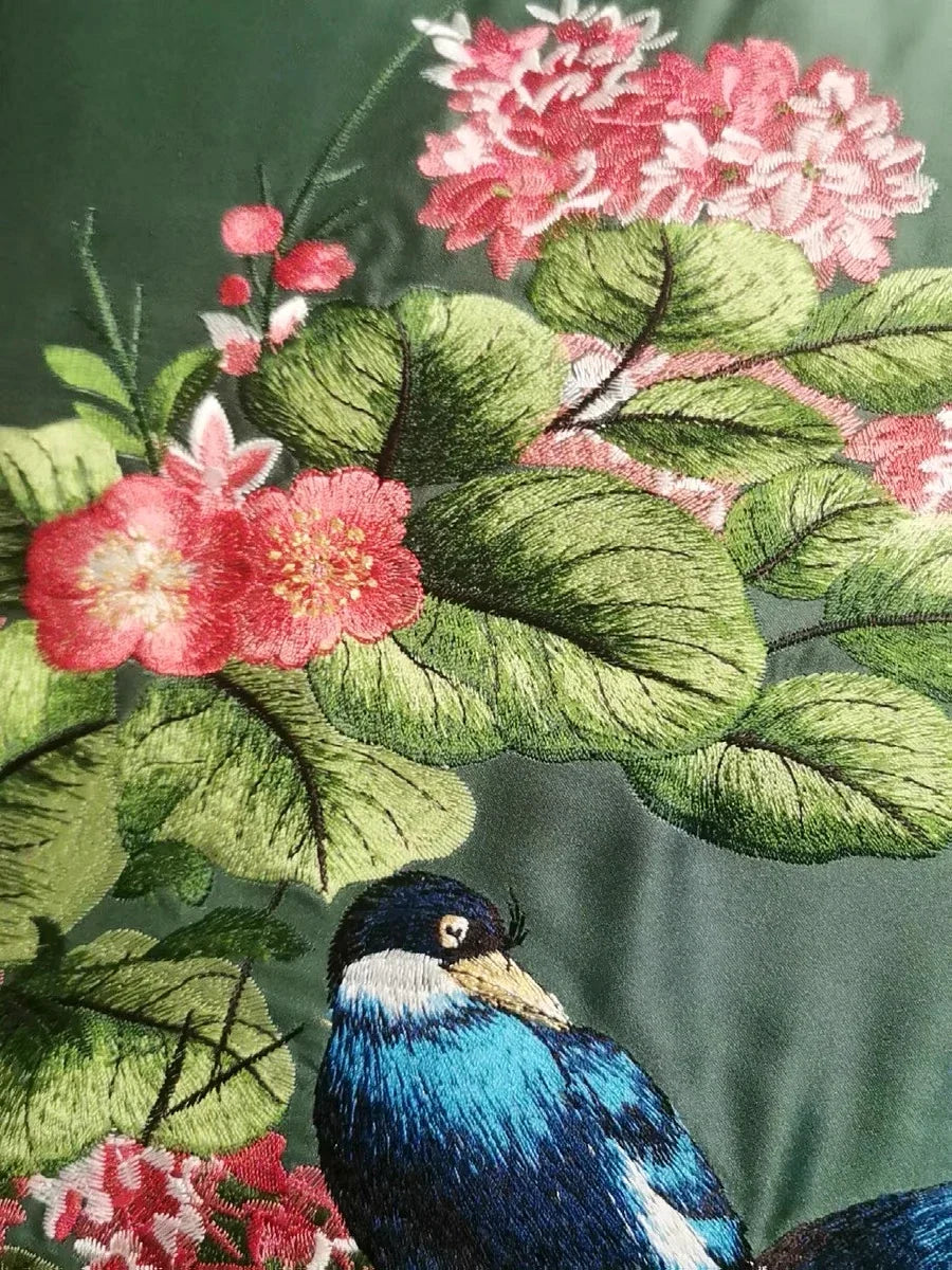 Embroidered Magpies Silk‑Like Pillowcase – Asian Home Decor 18" × 18"