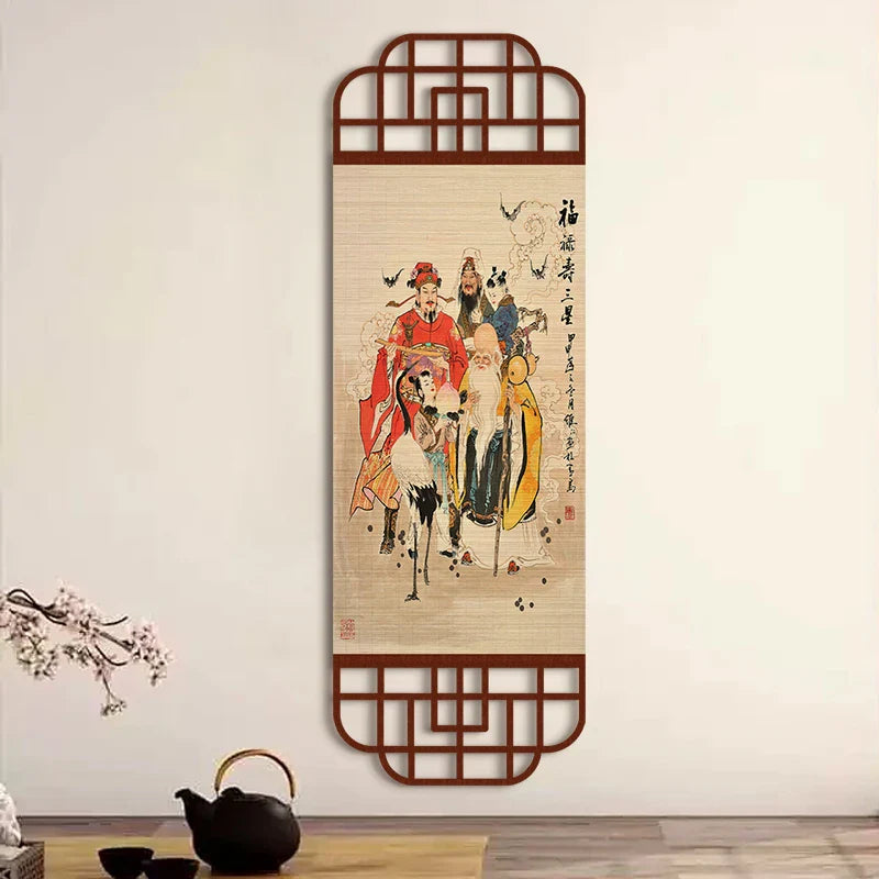 Feng Shui Fu Lu Shou Three Star Gods Wall Art, Bamboo Weave Scroll Hanging for Entryway, Tea Room, Living Room