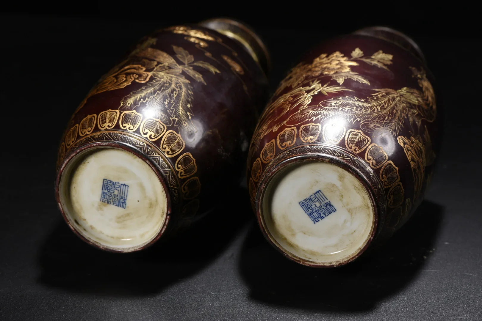 Pair of Tibetan Temple Vintage Porcelain–Lacquerware Vases – Gold Phoenix & Peony (22cm)