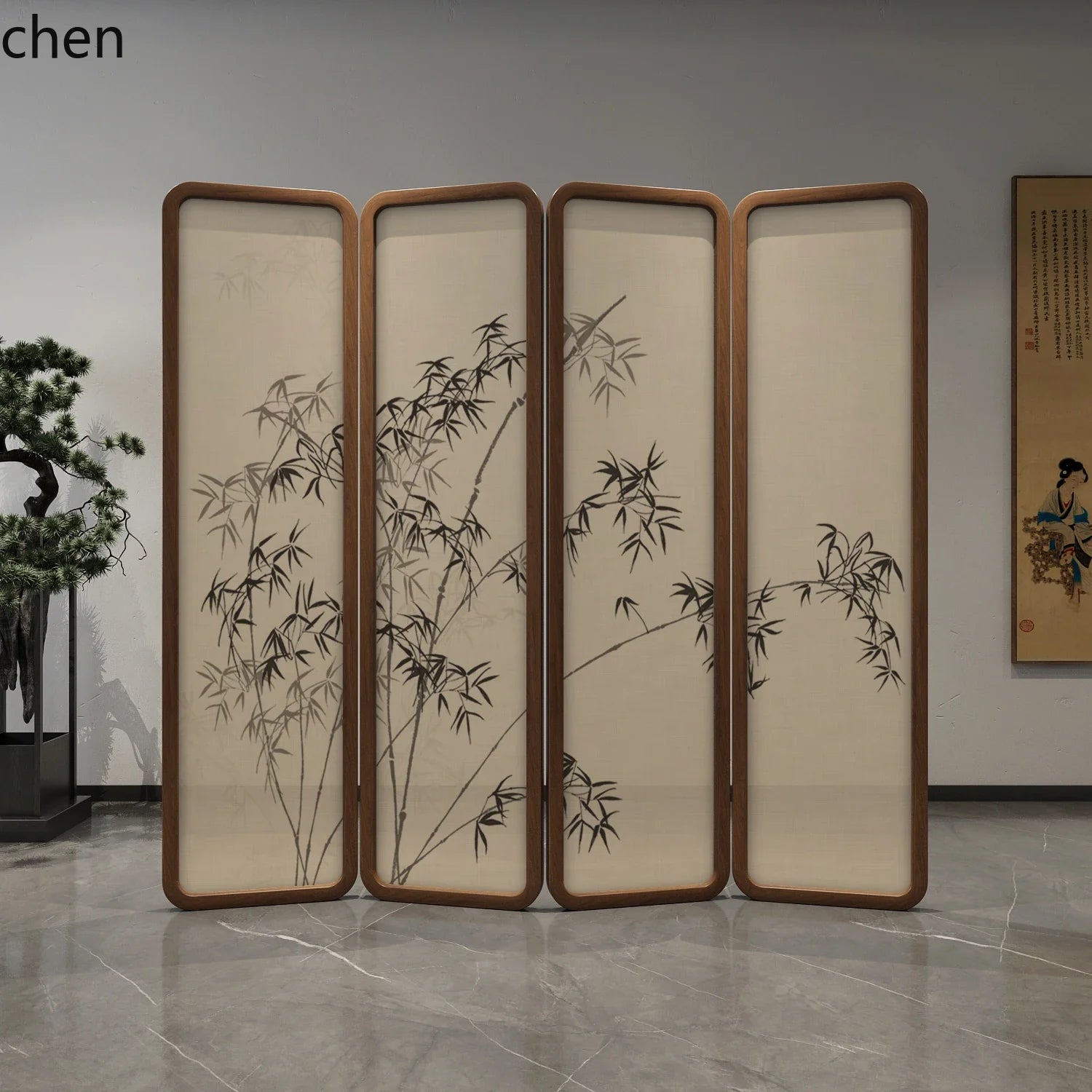 QZT Solid Wood Screen Partition Living Room Folding Mobile Tea Room Conference Room Hall Blocking Zen Style Pine Bamboo Mobile