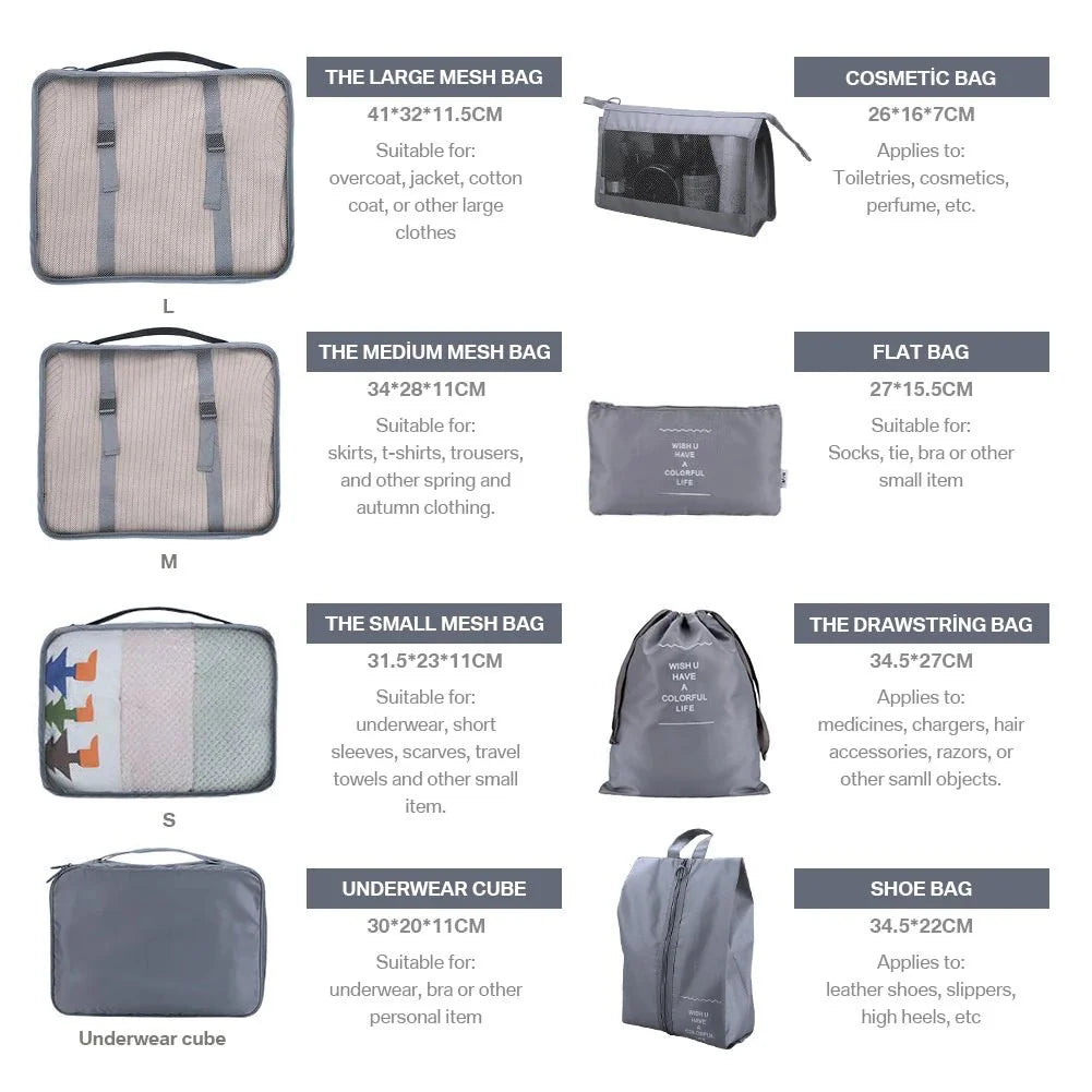 8Pcs/Set Travel Organizer Storage Bags
