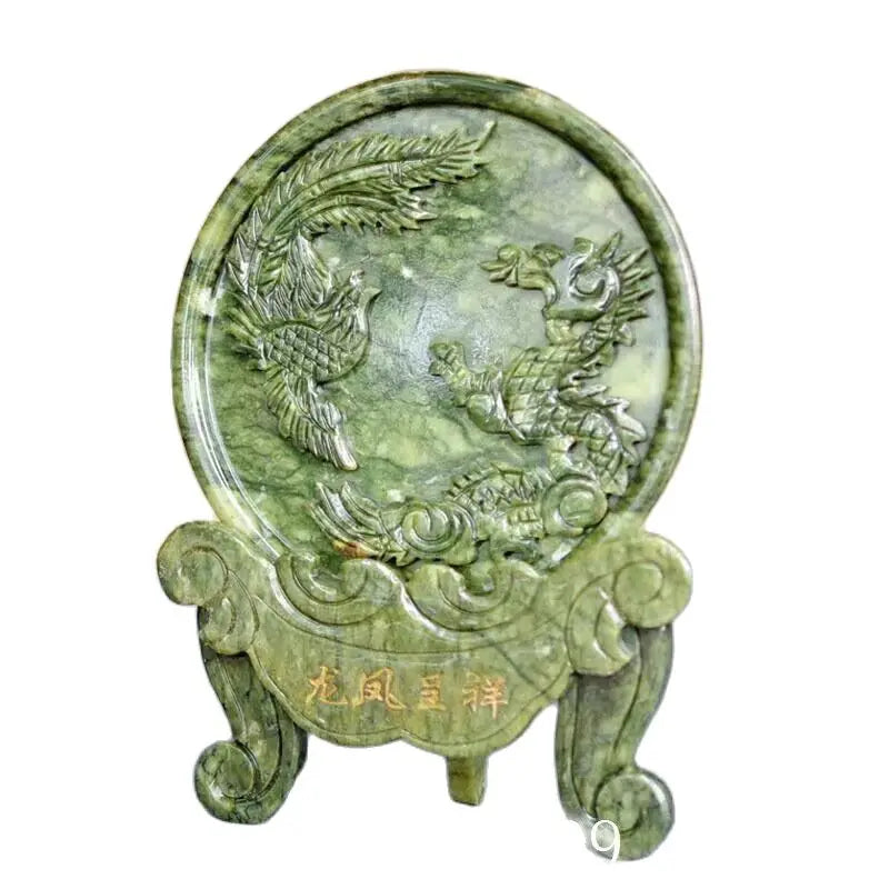 100% Natural Xinyi Jade Sculpture with Carved Dragon and Phoenix Design