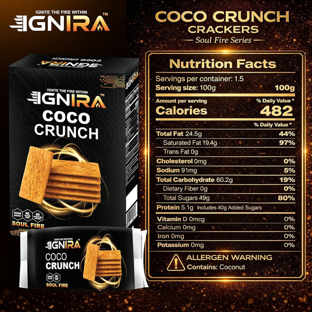 IGNIRA COCO Crunch Coconut Crackers, Crispy Plant-Based Coconut Chips, Toasted Coconut Cookie Thins, Premium Snack Treats, Creative Snacks for Adults & Kids, SOUL FIRE Energy Pack of 1 (1.76 oz)