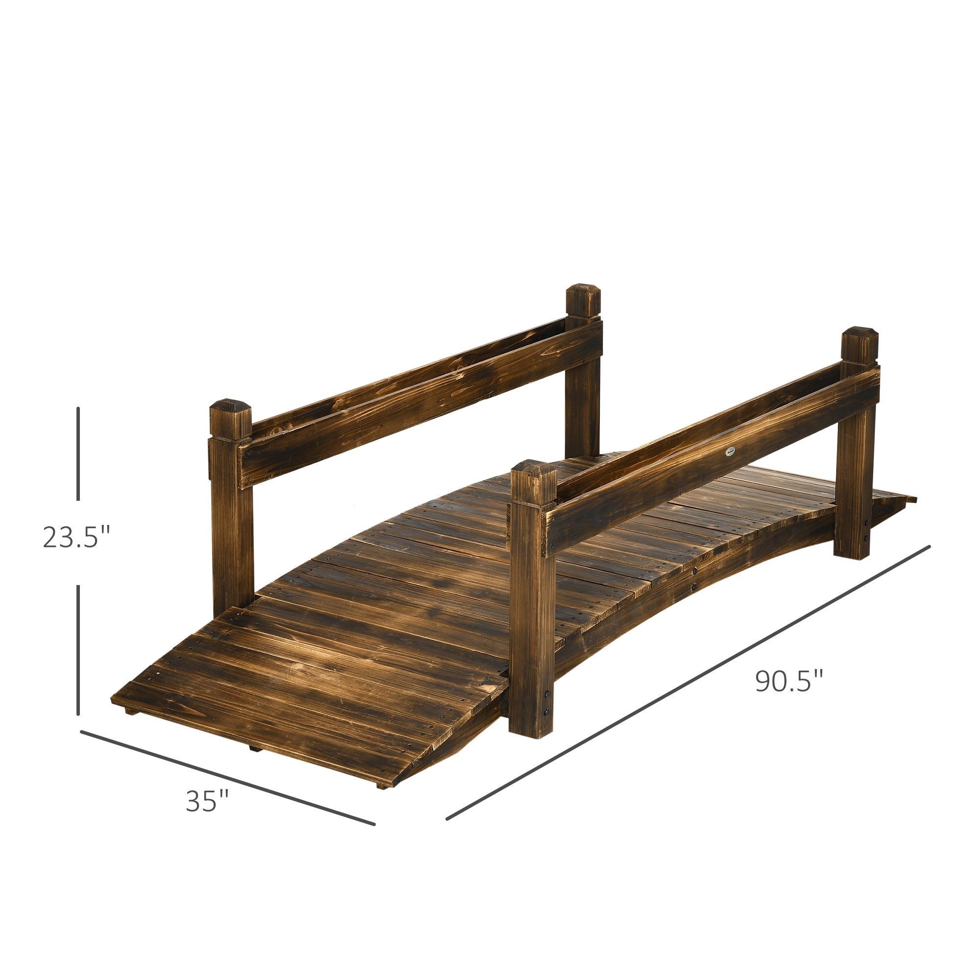 7.5 Wooden Garden Bridge with Planters, Stained Finish Arc Footbridge with Safety Railings for Backyard, Pond Stream, Stained Wood