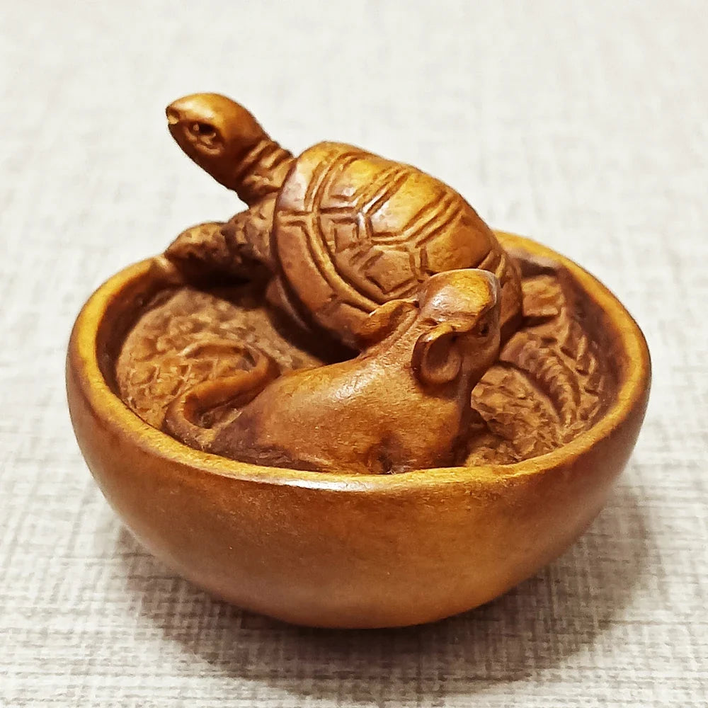 2" Boxwood Mouse & Turtle Netsuke – Japanese Animal Miniature