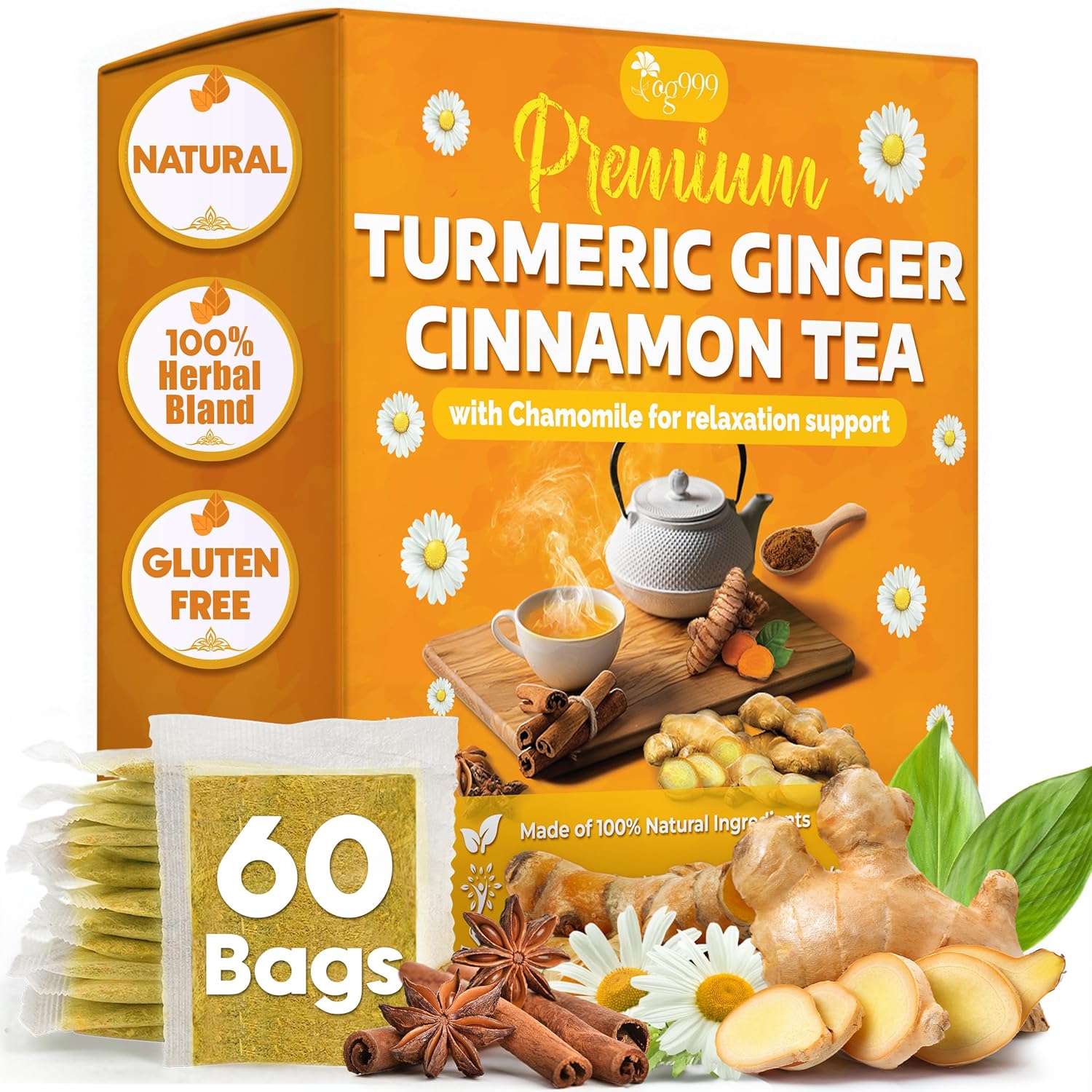 Premium Turmeric, Ginger, Cinnamon & Chamomile Flowers Tea | Improve Digestion, Support Brain, Weight, Skin and Sleep, Eco-Conscious Tea Bags