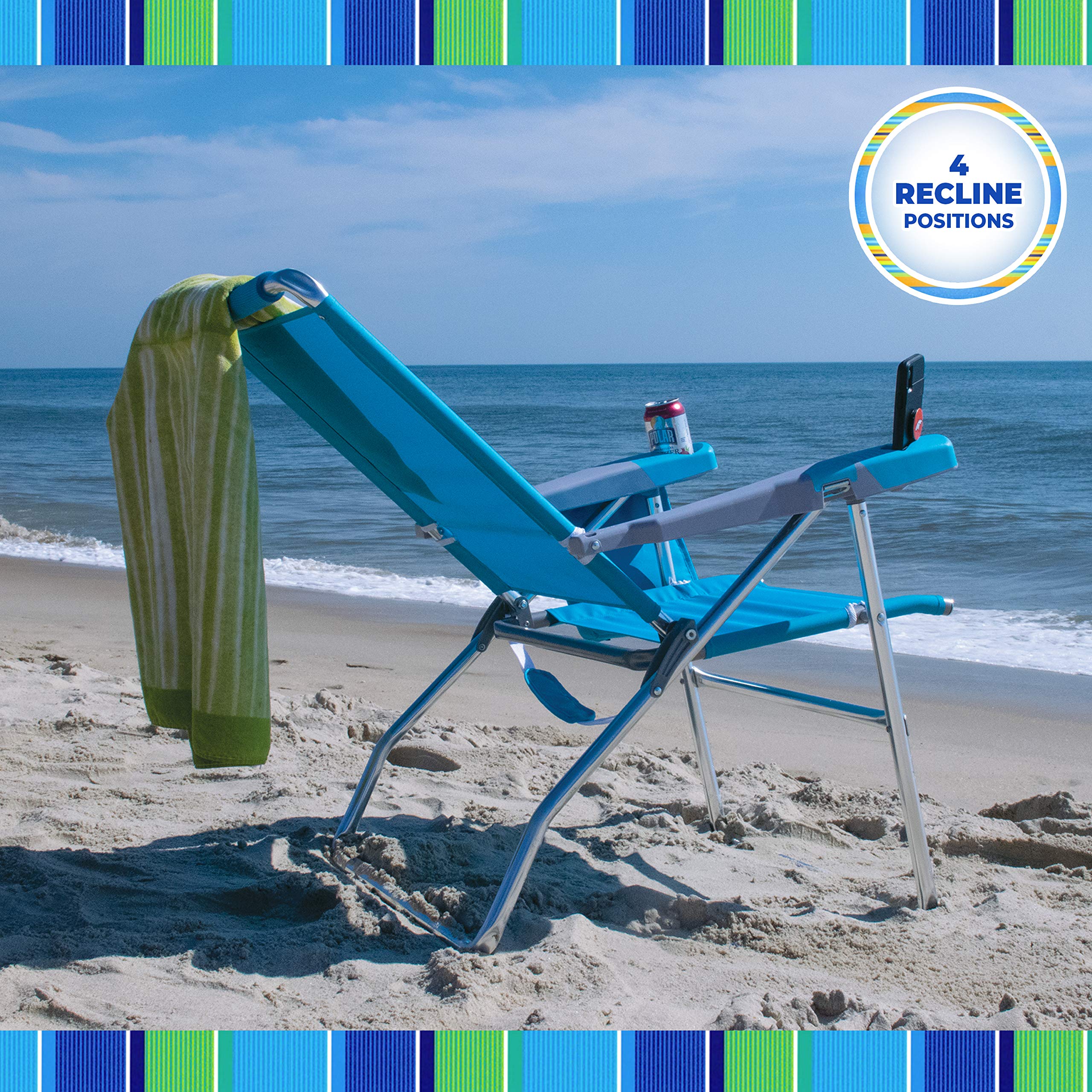 Rio Brands 17" Extended Height 4-Position Folding Beach, Camping, Lawn Chair, Blue/White/Green
