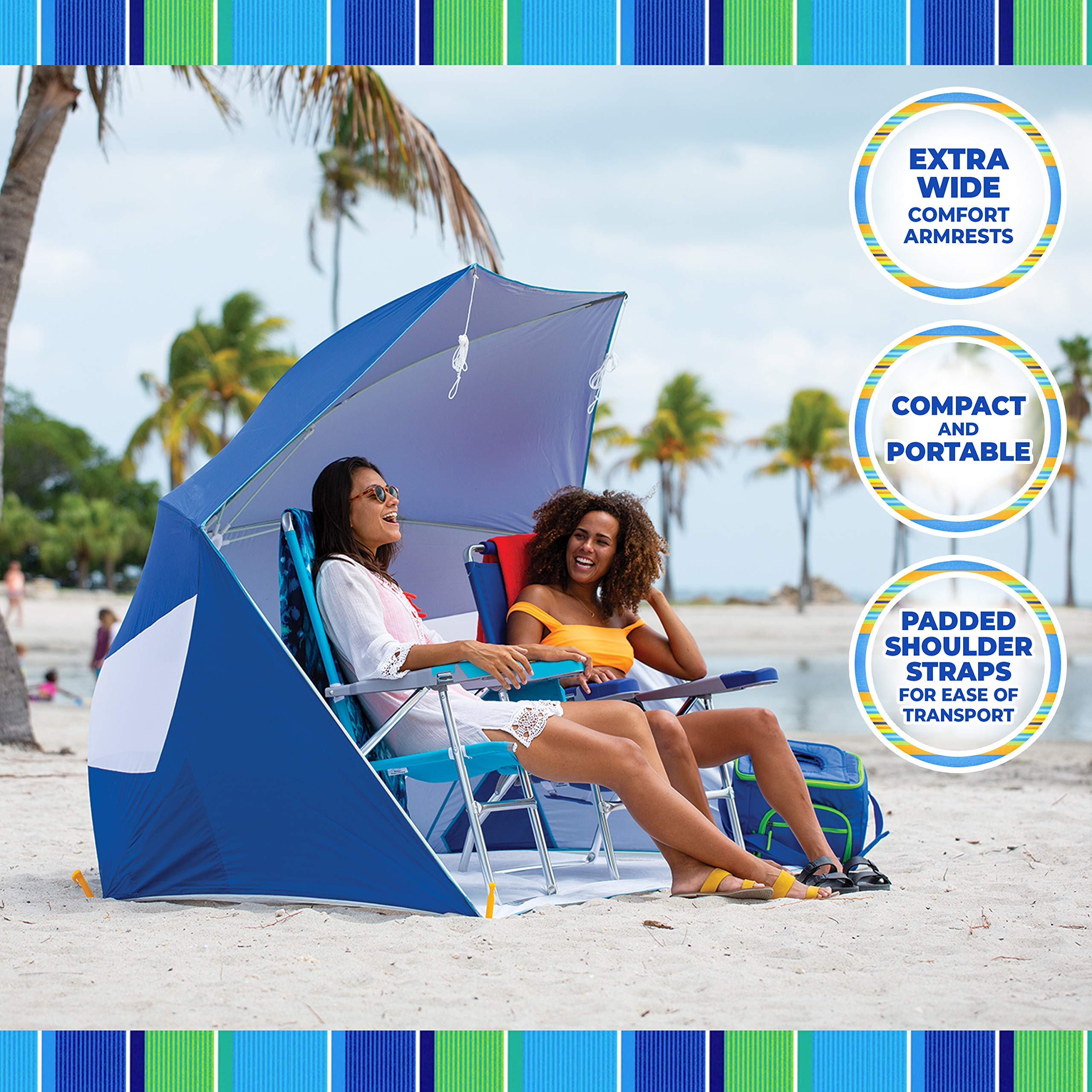 Rio Brands 17" Extended Height 4-Position Folding Beach, Camping, Lawn Chair, Blue/White/Green