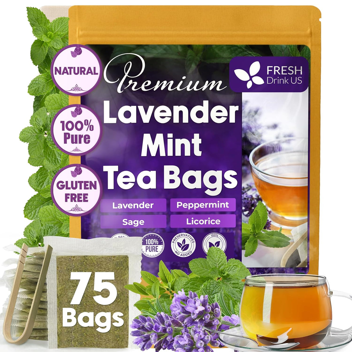 Premium Lavender Mint Tea Bags. 100% Natural, Blend of Lavender, Peppermint, Sage and Licorice.
