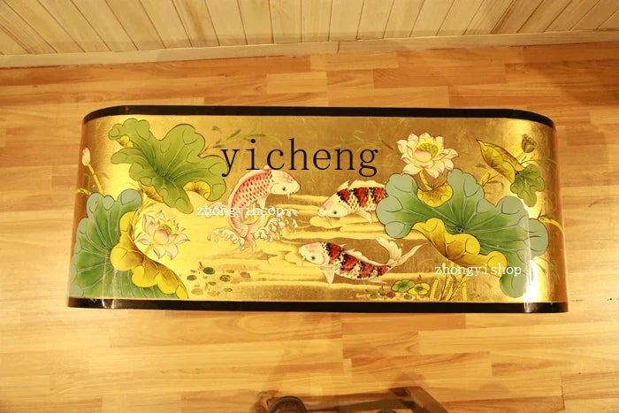 Hand-Painted Piano Table Tea Table Curved Table with Golden Peonies Decoration