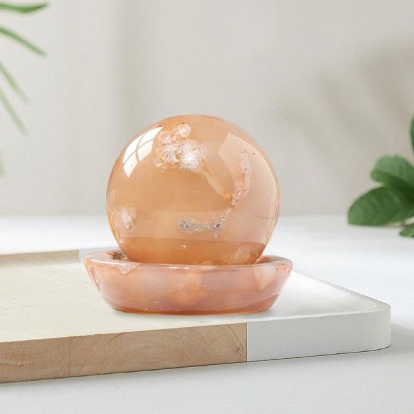 Natural Agate Gemstone Cherry Blossom Sphere with Display Bowl