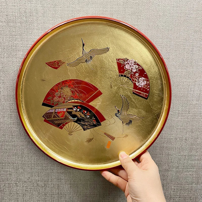 Handmade Gold Foil Round Tray Japanese Style Tea Plate Fruit Plate Mountain Lacquerware Craftsmanship Dining Utensils