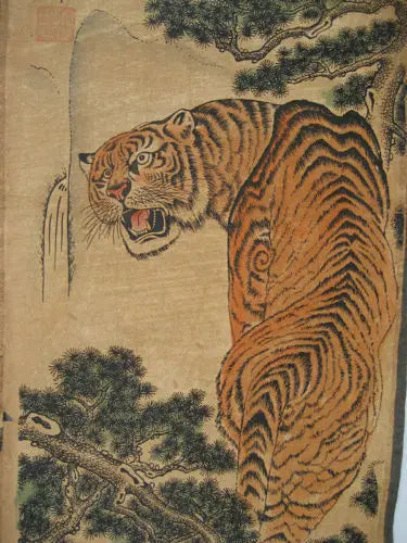 Chinese Calligraphy & Four Tigers Scroll – Hand-Painted Wall Hanging