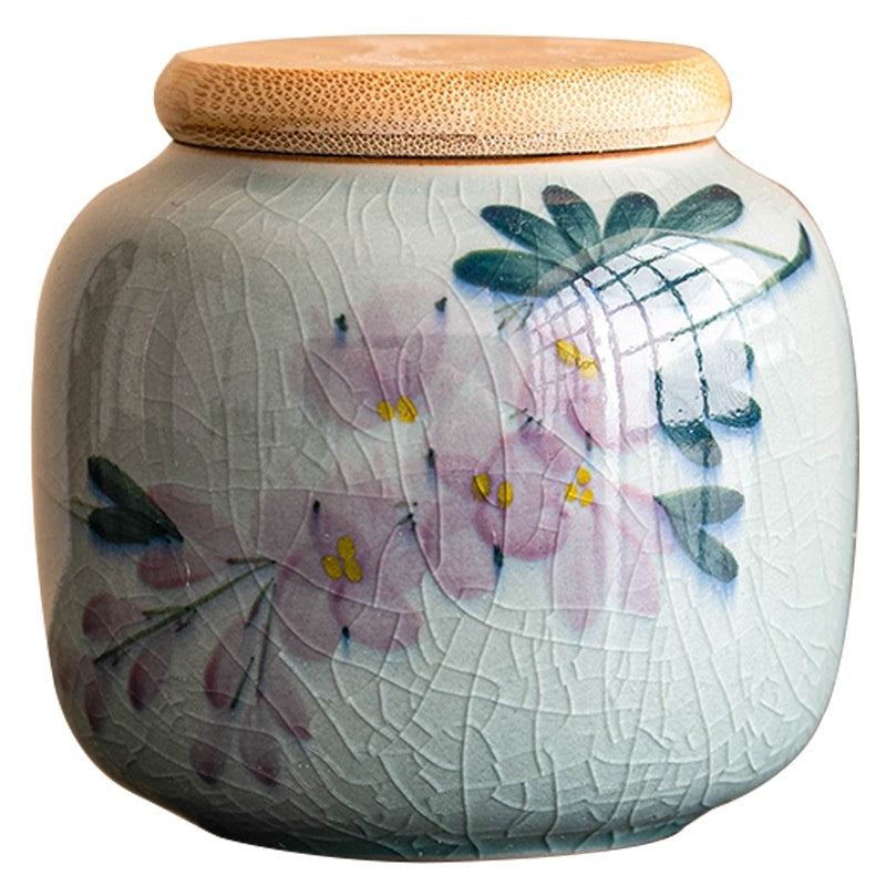 Hand-painted Magnolia Tea Storage Containers and Brocade Bag