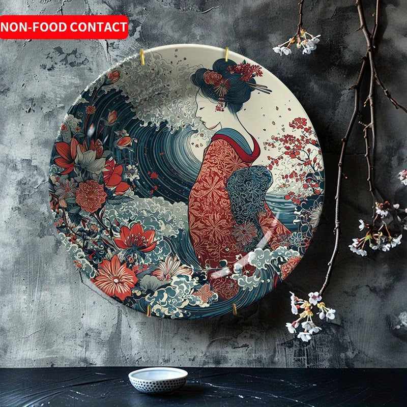 Japanese-Style Red Kimono Woman Wave Ceramic Decorative Plate, Non-Food Contact Home Decor Piece, Wall Art Hanging Plate,