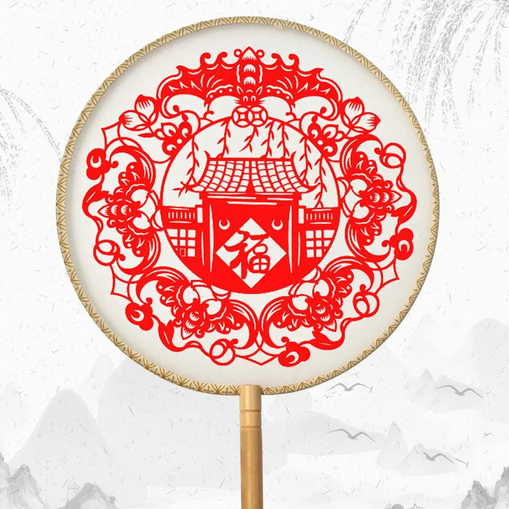 Chinese Paper-Cut Bamboo Silk Hand Fan with Tassel