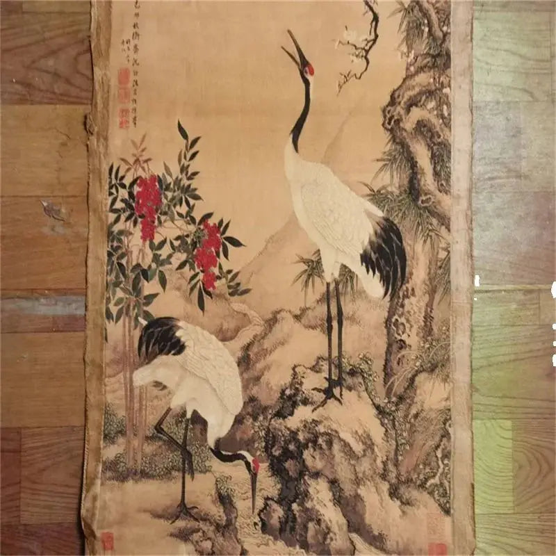 China Old Scroll Painter's Rice Paper Wall Art Slice Shen Quan's Song Mei Double Crane Picture Traditional Asian Decor