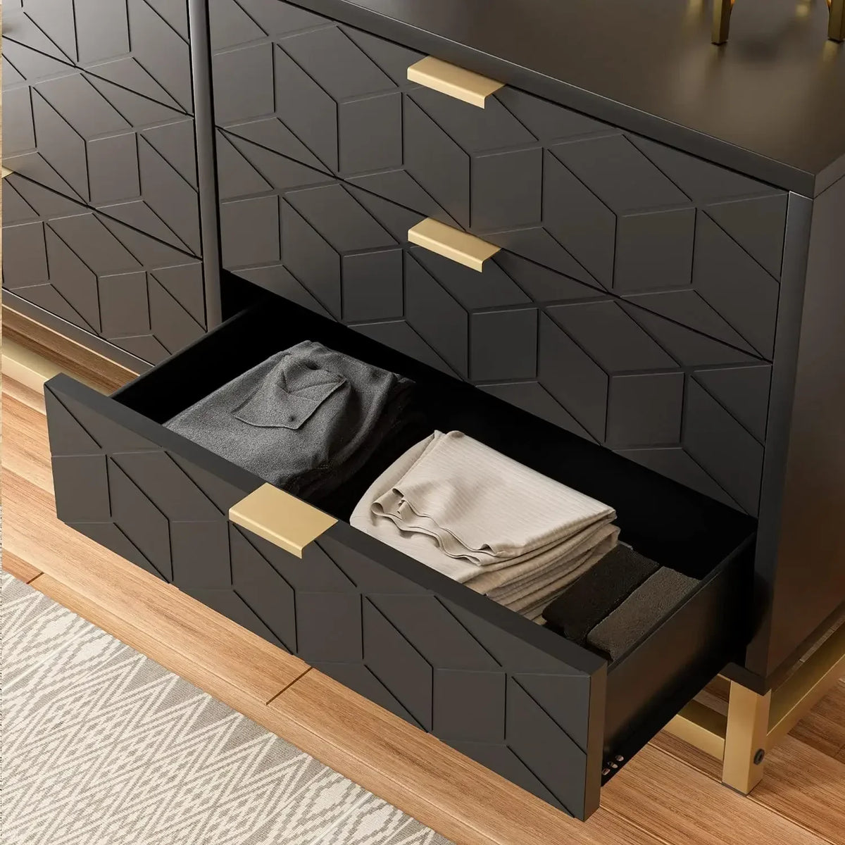y Black 6 Drawer Dresser for Bedroom, Wood Chest of Drawers with Metal Legs, Modern Storage Dresser Chest Cabinet Organizer