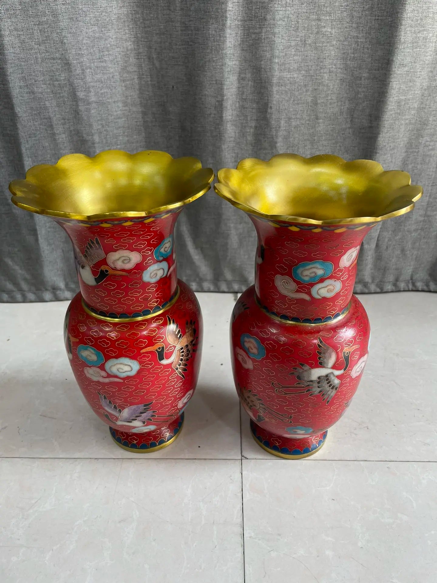Tibetan Bronze Cloisonné Longevity Crane Vases (Pair, 9")