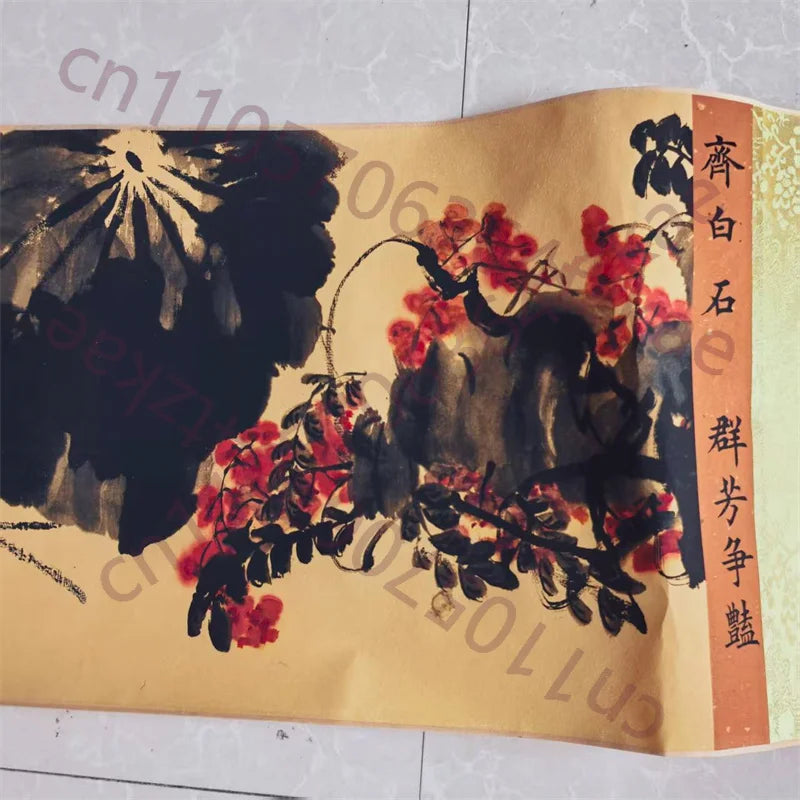 Old Chinese Long Scroll – Qi Baishi Inspired Watercolor “Competition of Flowers”