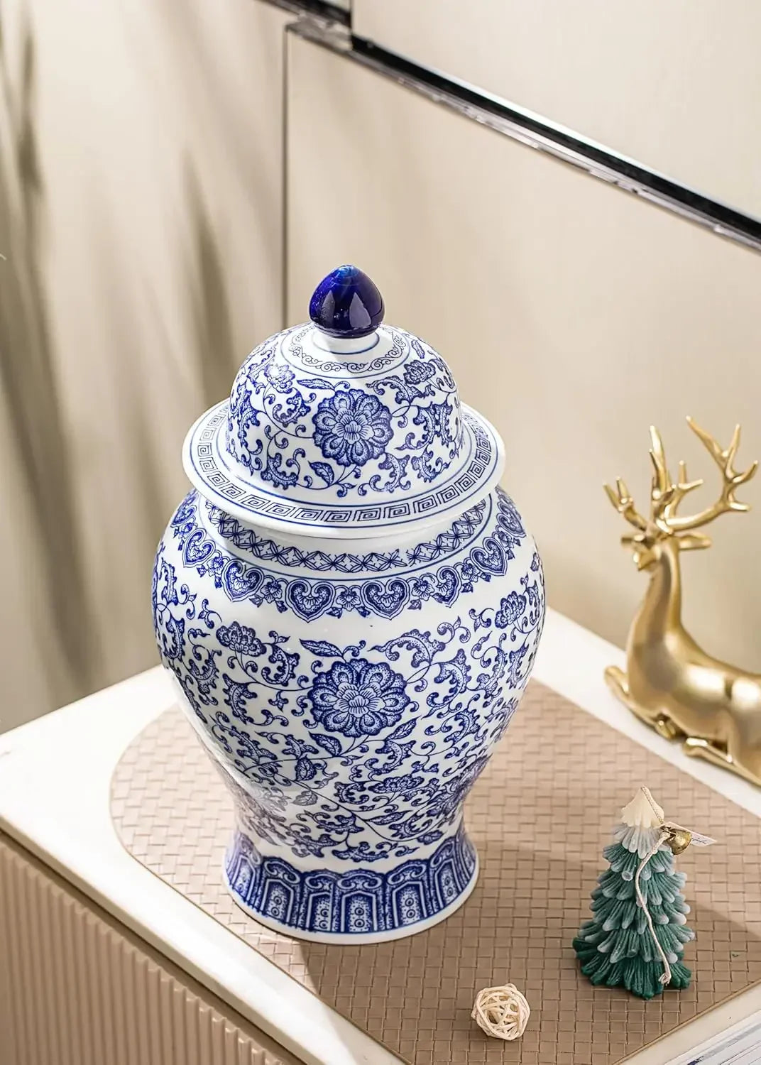 15-Inch-High Gloss Ceramic Blue White Ginger Jar Chinoiserie Decor