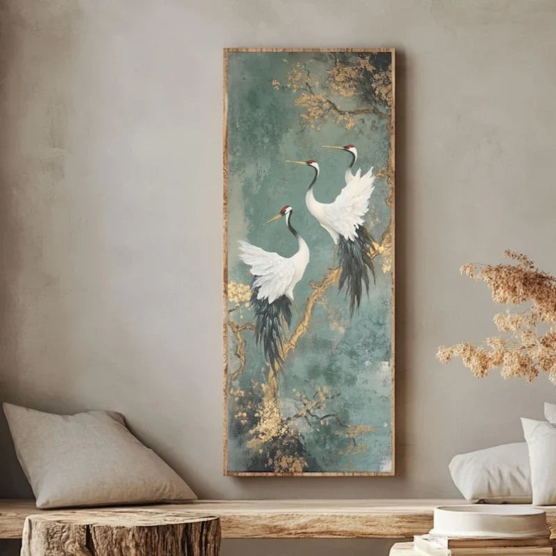 Japanese Style Golden Crane Decorative Poster, Luxury Canvas Painting Vertical Frameless Mural for Entrance Hallway