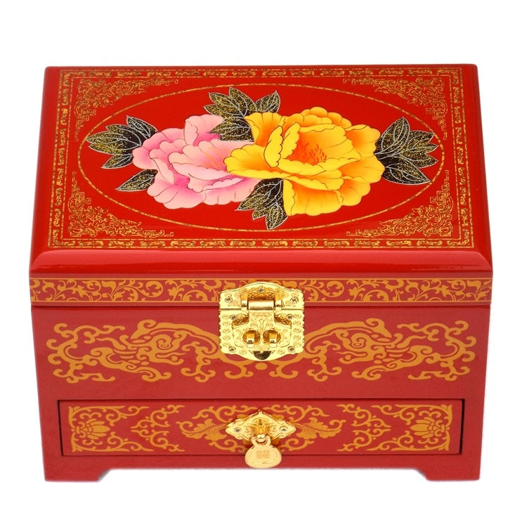 Push‑Top Lacquer Jewelry Box – Red & Black Dowry‑Style Wood Chest