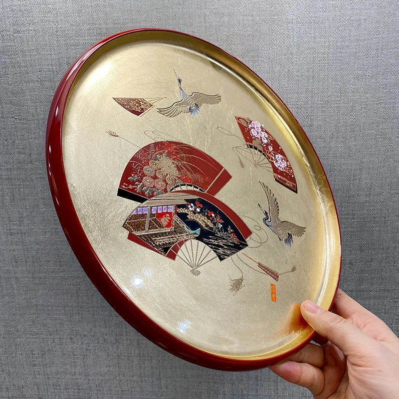 Handmade Gold Foil Round Tray Japanese Style Tea Plate Fruit Plate Mountain Lacquerware Craftsmanship Dining Utensils
